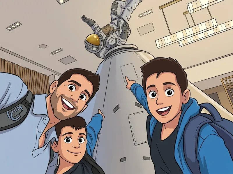 Carlos Icaza con sus hijos Rodri y Rick, señalando una cápsula espacial en un museo